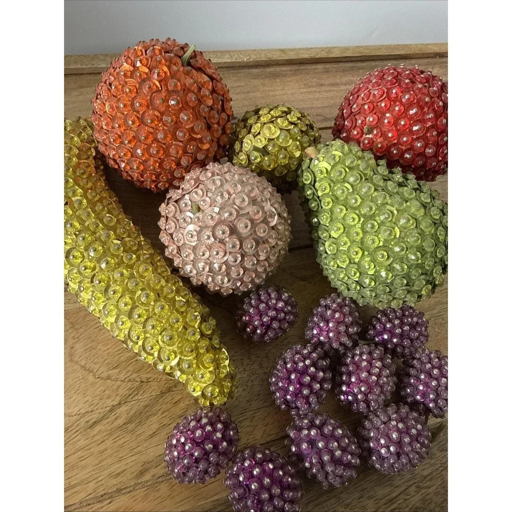 Vintage Mid-Century Modern Push Pin Beaded Sequin Fruit Centerpiece Set of 16